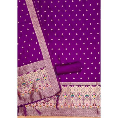 Women's Banarasi Silk Printed Unstitched Salwar Suit Material With Dupatta (Purple, 3Mtrs)
