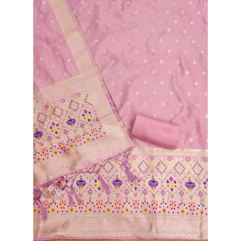 Women's Banarasi Silk Printed Unstitched Salwar Suit Material With Dupatta (Light Pink, 3Mtrs)