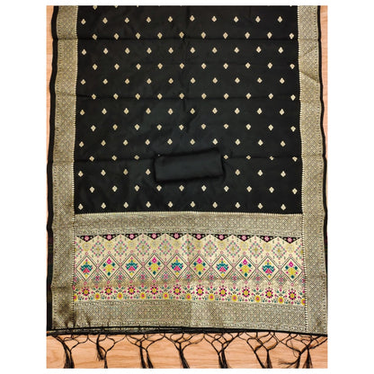 Women's Banarasi Silk Printed Unstitched Salwar Suit Material With Dupatta (Black, 3Mtrs)