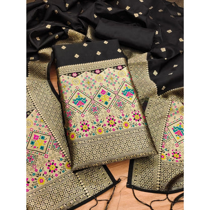 Women's Banarasi Silk Printed Unstitched Salwar Suit Material With Dupatta (Black, 3Mtrs)