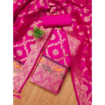 Women's Banarasi Silk Printed Unstitched Salwar Suit Material With Dupatta (Pink, 3Mtrs)