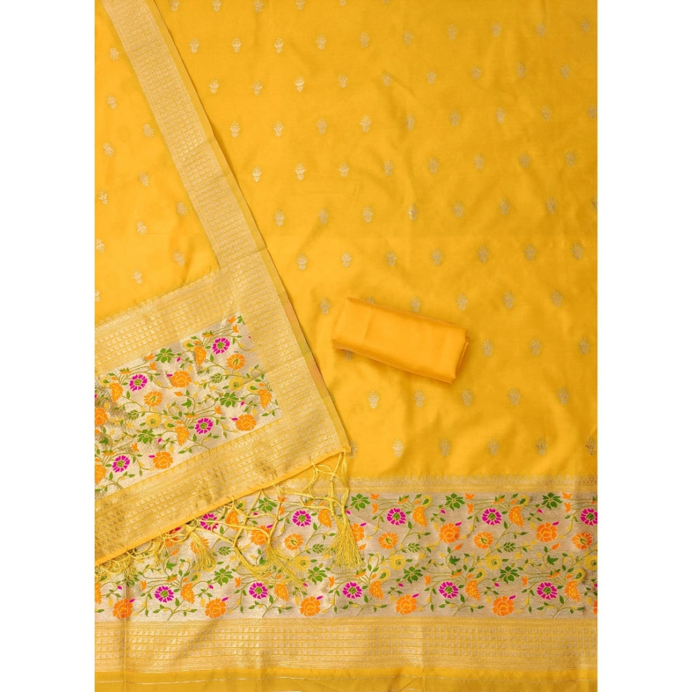 Women's Banarasi Silk Printed Unstitched Salwar Suit Material With Dupatta (Yellow, 3Mtrs)