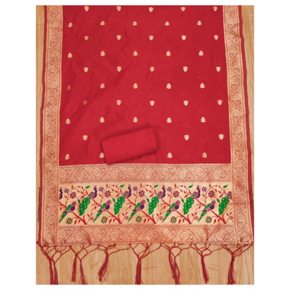 Women's Banarasi Silk Printed Unstitched Salwar Suit Material With Dupatta (Red, 3Mtrs)
