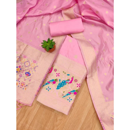 Women's Banarasi Silk Printed Unstitched Salwar Suit Material With Dupatta (Light Pink, 3Mtrs)