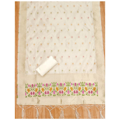 Women's Banarasi Silk Printed Unstitched Salwar Suit Material With Dupatta (White, 3Mtrs)