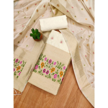 Women's Banarasi Silk Printed Unstitched Salwar Suit Material With Dupatta (White, 3Mtrs)