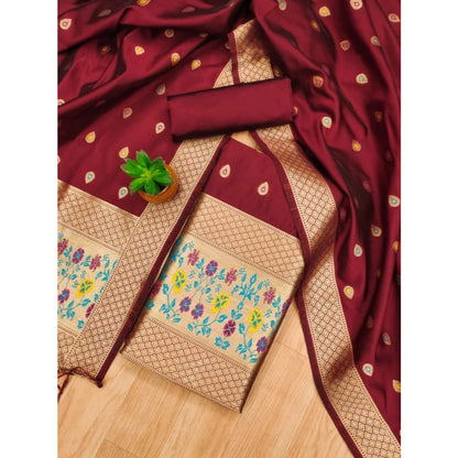 Women's Banarasi Silk Printed Unstitched Salwar Suit Material With Dupatta (Maroon, 3Mtrs)