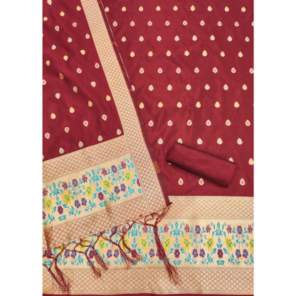 Women's Banarasi Silk Printed Unstitched Salwar Suit Material With Dupatta (Maroon, 3Mtrs)