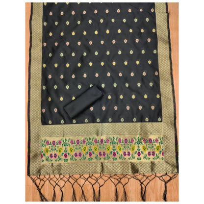 Women's Banarasi Silk Printed Unstitched Salwar Suit Material With Dupatta (Black, 3Mtrs)