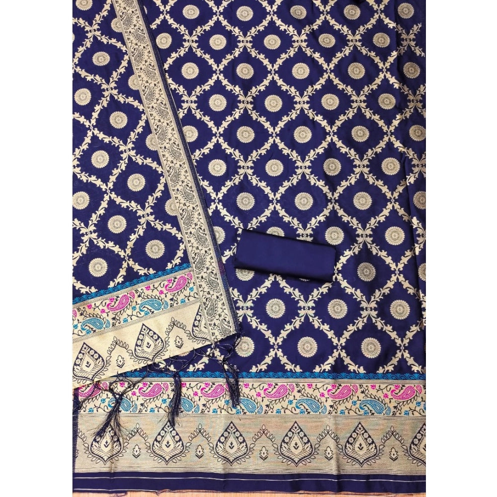 Women's Banarasi Silk Printed Unstitched Salwar Suit Material With Dupatta (Navy Blue, 3Mtrs)