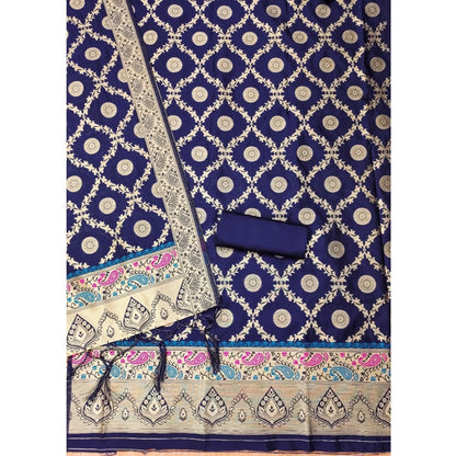 Women's Banarasi Silk Printed Unstitched Salwar Suit Material With Dupatta (Navy Blue, 3Mtrs)