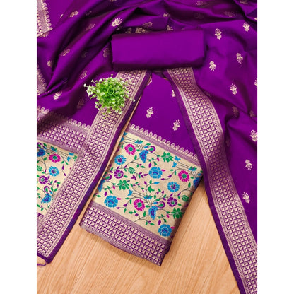 Women's Banarasi Silk Printed Unstitched Salwar Suit Material With Dupatta (Purple, 3Mtrs)