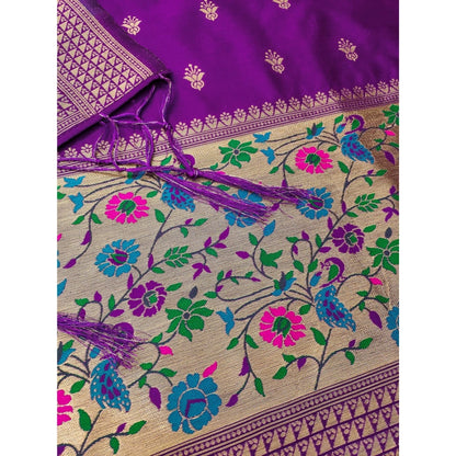 Women's Banarasi Silk Printed Unstitched Salwar Suit Material With Dupatta (Purple, 3Mtrs)