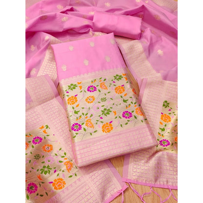 Women's Banarasi Silk Printed Unstitched Salwar Suit Material With Dupatta (Light Pink, 3Mtrs)