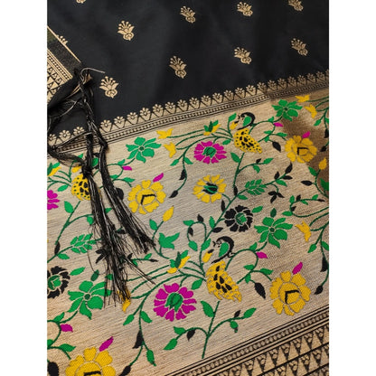 Women's Banarasi Silk Printed Unstitched Salwar Suit Material With Dupatta (Black, 3Mtrs)