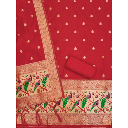 Women's Banarasi Silk Printed Unstitched Salwar Suit Material With Dupatta (Red, 3Mtrs)
