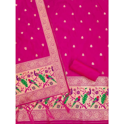 Women's Banarasi Silk Printed Unstitched Salwar Suit Material With Dupatta (Pink, 3Mtrs)