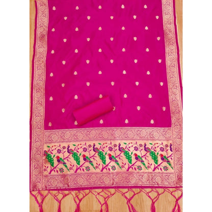 Women's Banarasi Silk Printed Unstitched Salwar Suit Material With Dupatta (Pink, 3Mtrs)