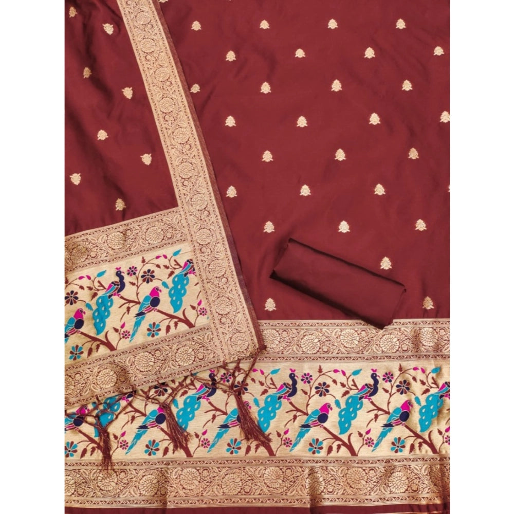 Women's Banarasi Silk Printed Unstitched Salwar Suit Material With Dupatta (Maroon, 3Mtrs)