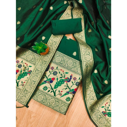 Women's Banarasi Silk Printed Unstitched Salwar Suit Material With Dupatta (Bottle Green, 3Mtrs)