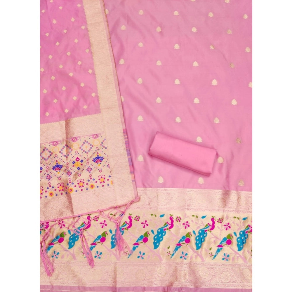 Women's Banarasi Silk Printed Unstitched Salwar Suit Material With Dupatta (Light Pink, 3Mtrs)