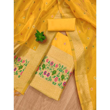Women's Banarasi Silk Printed Unstitched Salwar Suit Material With Dupatta (Yellow, 3Mtrs)