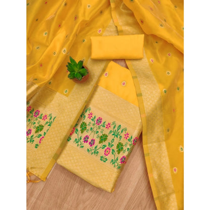 Women's Banarasi Silk Printed Unstitched Salwar Suit Material With Dupatta (Yellow, 3Mtrs)