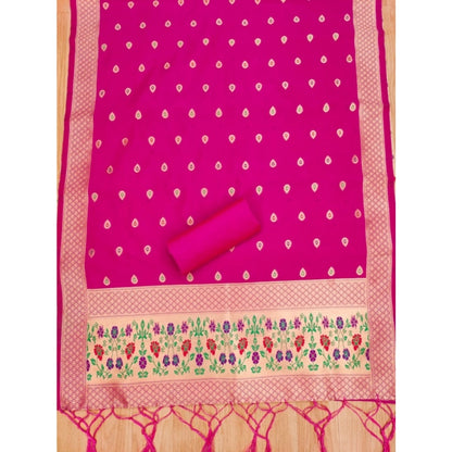 Women's Banarasi Silk Printed Unstitched Salwar Suit Material With Dupatta (Pink, 3Mtrs)
