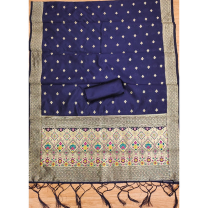 Women's Banarasi Silk Printed Unstitched Salwar Suit Material With Dupatta (Navy Blue, 3Mtrs)