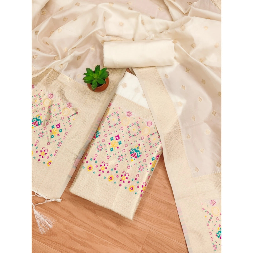 Women's Banarasi Silk Printed Unstitched Salwar Suit Material With Dupatta (White, 3Mtrs)