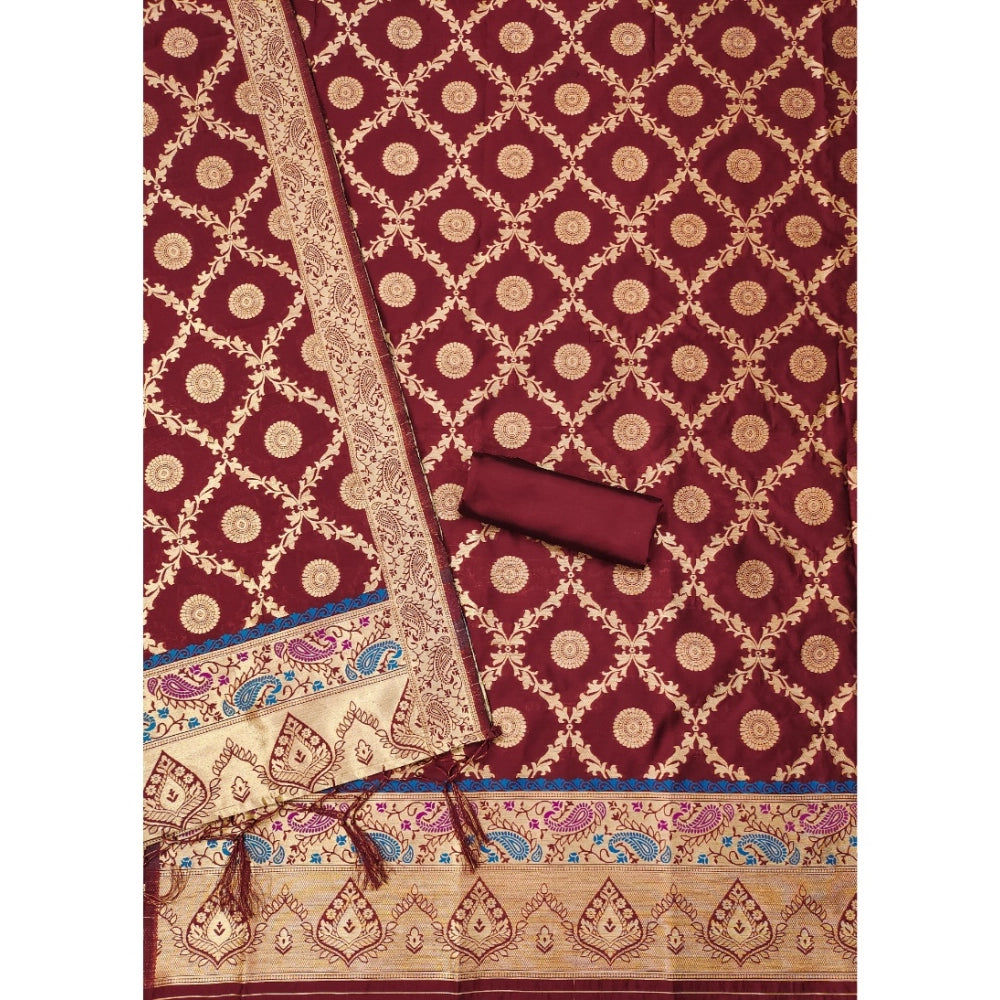 Women's Banarasi Silk Printed Unstitched Salwar Suit Material With Dupatta (Maroon, 3Mtrs)