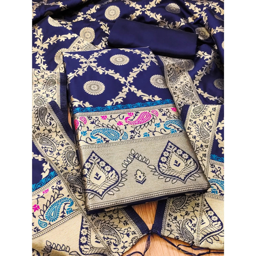 Women's Banarasi Silk Printed Unstitched Salwar Suit Material With Dupatta (Navy Blue, 3Mtrs)
