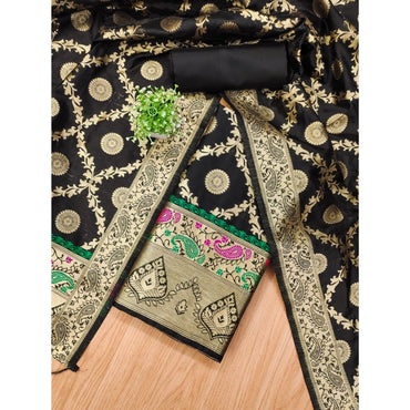 Women's Banarasi Silk Printed Unstitched Salwar Suit Material With Dupatta (Black, 3Mtrs)