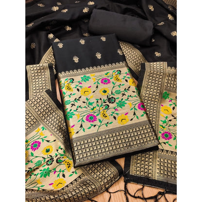 Women's Banarasi Silk Printed Unstitched Salwar Suit Material With Dupatta (Black, 3Mtrs)