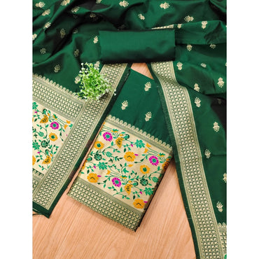 Women's Banarasi Silk Printed Unstitched Salwar Suit Material With Dupatta (Bottle Green, 3Mtrs)