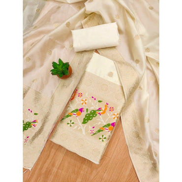 Women's Banarasi Silk Printed Unstitched Salwar Suit Material With Dupatta (White, 3Mtrs)