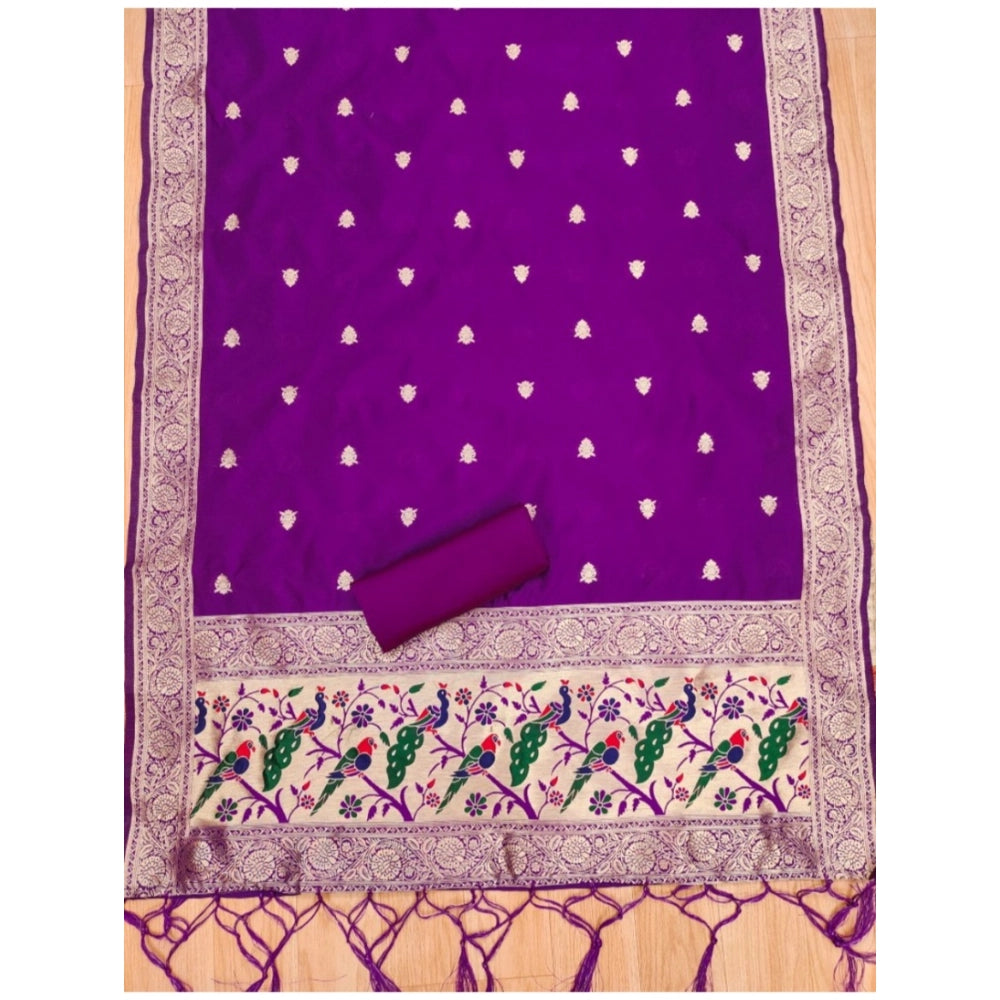 Women's Banarasi Silk Printed Unstitched Salwar Suit Material With Dupatta (Purple, 3Mtrs)