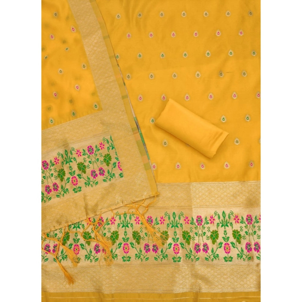 Women's Banarasi Silk Printed Unstitched Salwar Suit Material With Dupatta (Yellow, 3Mtrs)