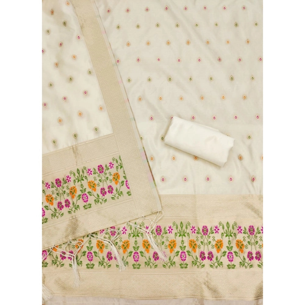 Women's Banarasi Silk Printed Unstitched Salwar Suit Material With Dupatta (White, 3Mtrs)