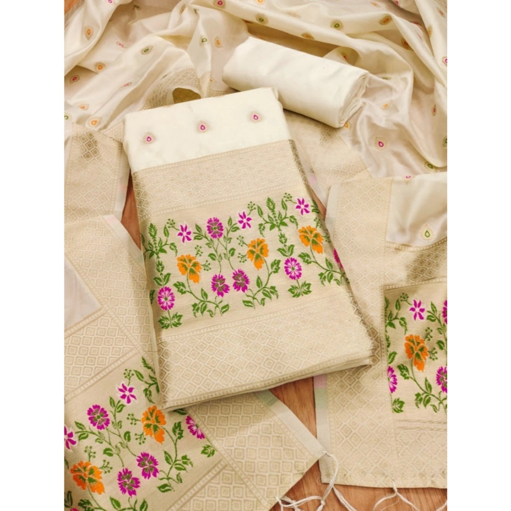 Women's Banarasi Silk Printed Unstitched Salwar Suit Material With Dupatta (White, 3Mtrs)