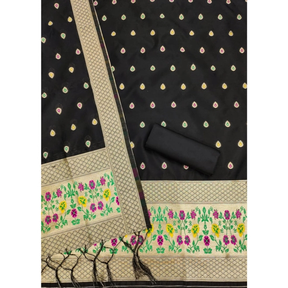 Women's Banarasi Silk Printed Unstitched Salwar Suit Material With Dupatta (Black, 3Mtrs)