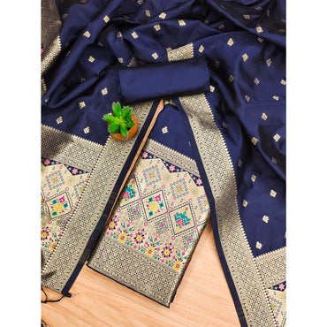 Women's Banarasi Silk Printed Unstitched Salwar Suit Material With Dupatta (Navy Blue, 3Mtrs)