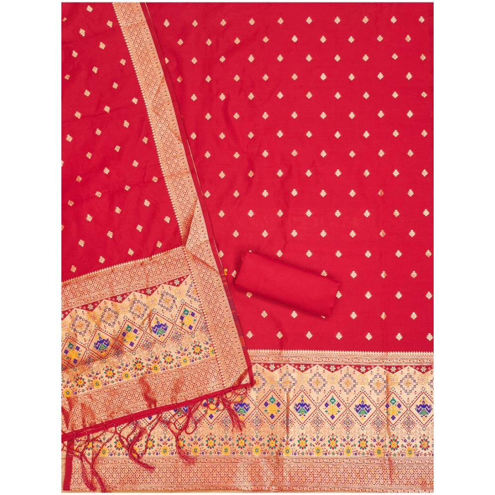 Women's Banarasi Silk Printed Unstitched Salwar Suit Material With Dupatta (Red, 3Mtrs)