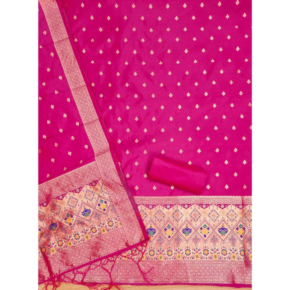 Women's Banarasi Silk Printed Unstitched Salwar Suit Material With Dupatta (Pink, 3Mtrs)