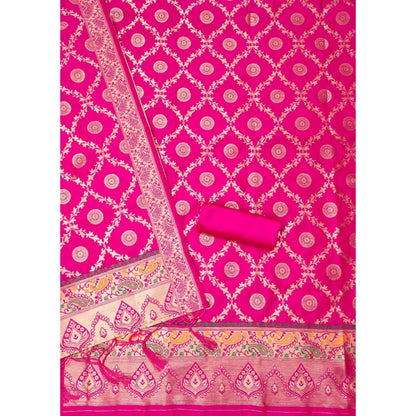 Women's Banarasi Silk Printed Unstitched Salwar Suit Material With Dupatta (Pink, 3Mtrs)