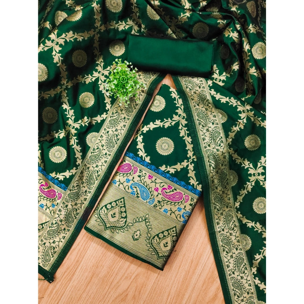 Women's Banarasi Silk Printed Unstitched Salwar Suit Material With Dupatta (Bottle Green, 3Mtrs)