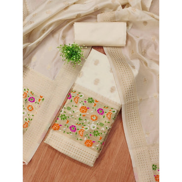 Women's Banarasi Silk Printed Unstitched Salwar Suit Material With Dupatta (White, 3Mtrs)