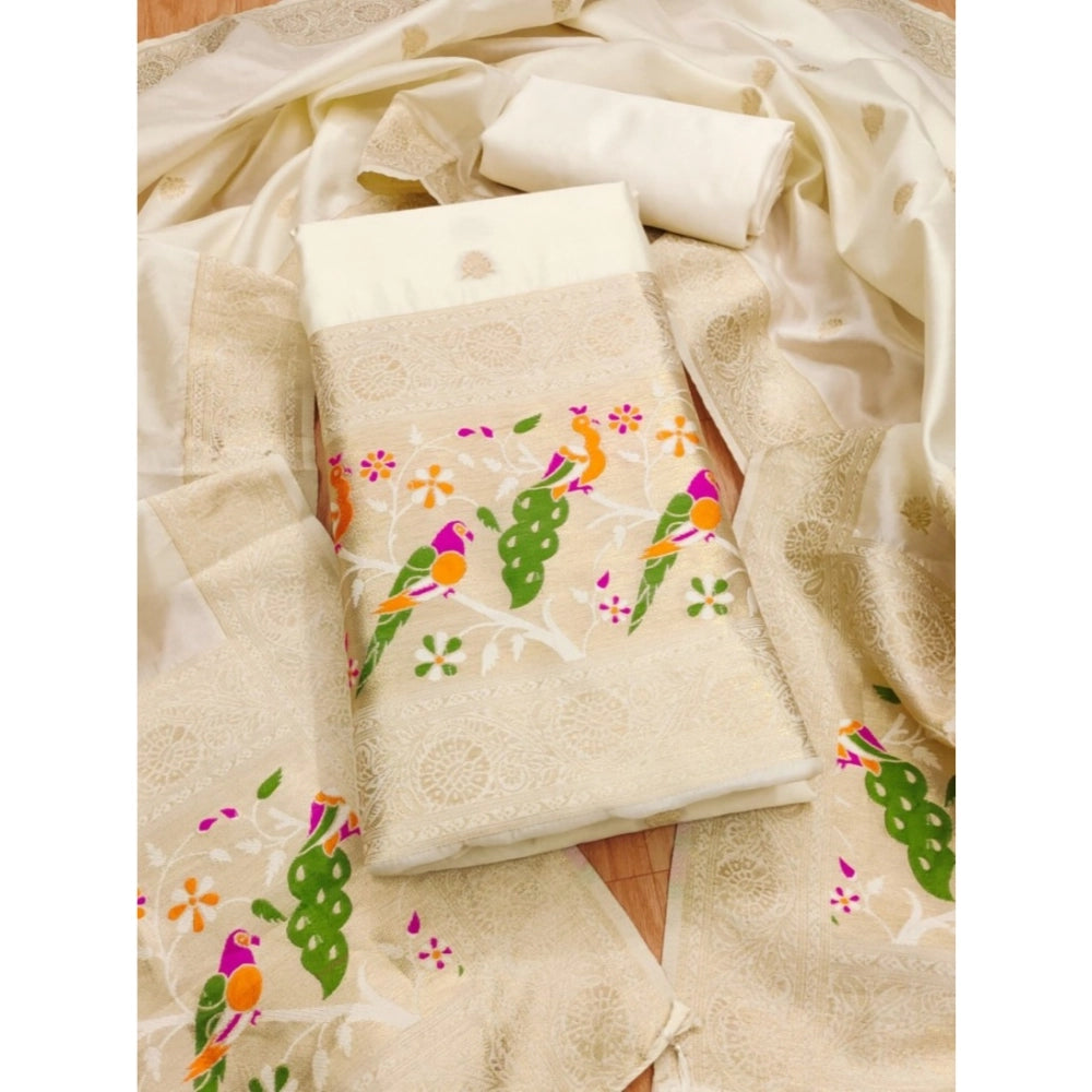 Women's Banarasi Silk Printed Unstitched Salwar Suit Material With Dupatta (White, 3Mtrs)