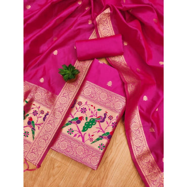 Women's Banarasi Silk Printed Unstitched Salwar Suit Material With Dupatta (Pink, 3Mtrs)