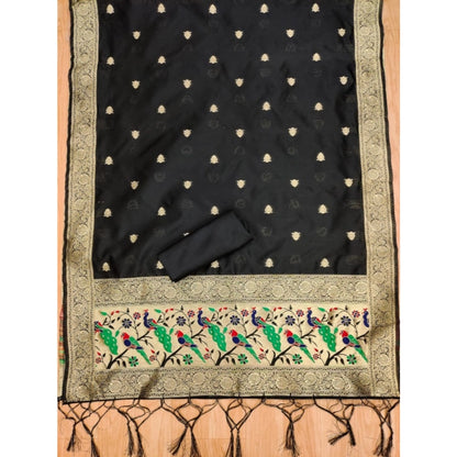 Women's Banarasi Silk Printed Unstitched Salwar Suit Material With Dupatta (Black, 3Mtrs)
